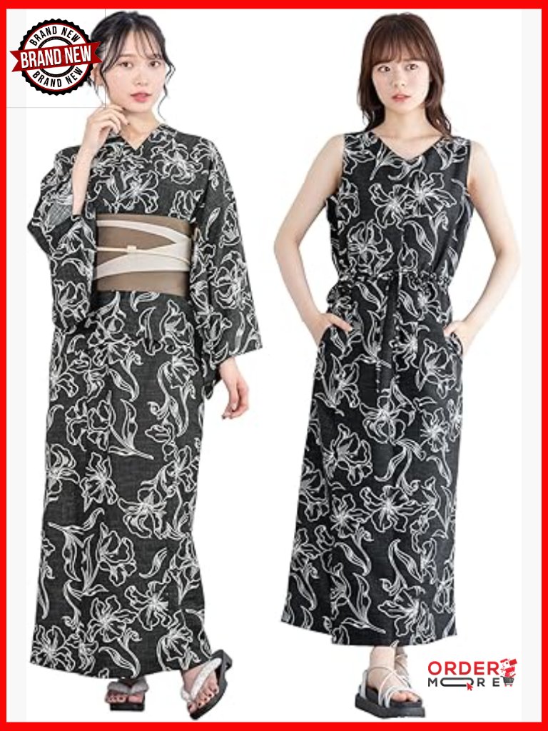 Japanese Kimono Style Dress Set Yukata Obi Geta Sandals One Size